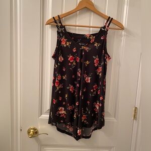 NWOT LILY MORGAN SIZE SMALL TANK TOP IN A BLACK FLORAL PRINT WITH UNEVEN HEM